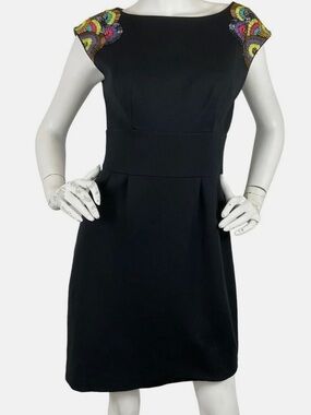 Trina Turk Black Midi Dress with Colorful Embroidered Shoulders